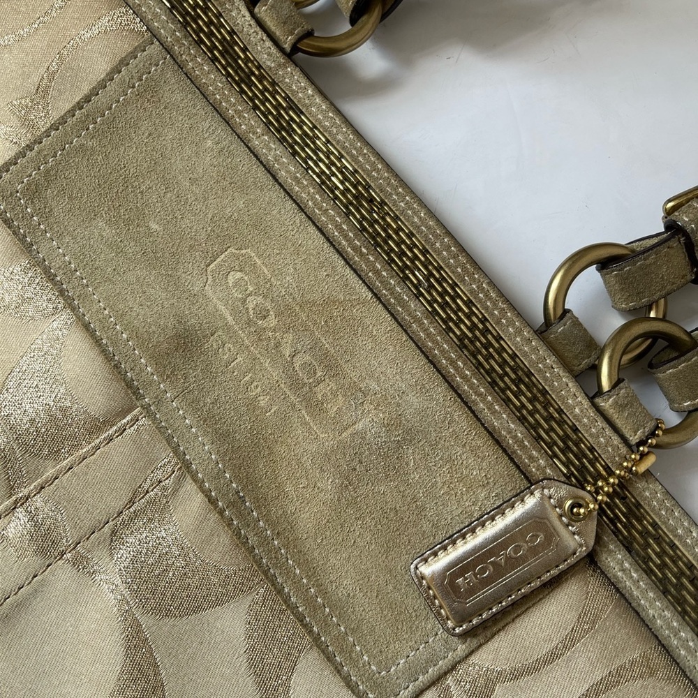 COACH Signature beaded Shoulder bag tote handbag beige gold canvas F06J-10390 - Picture 4 of 10